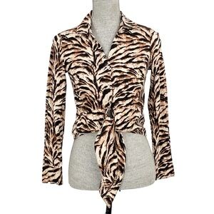 Christian Siriano Linen Animal Print Tie-Front Button Up Crop Blouse Top XS